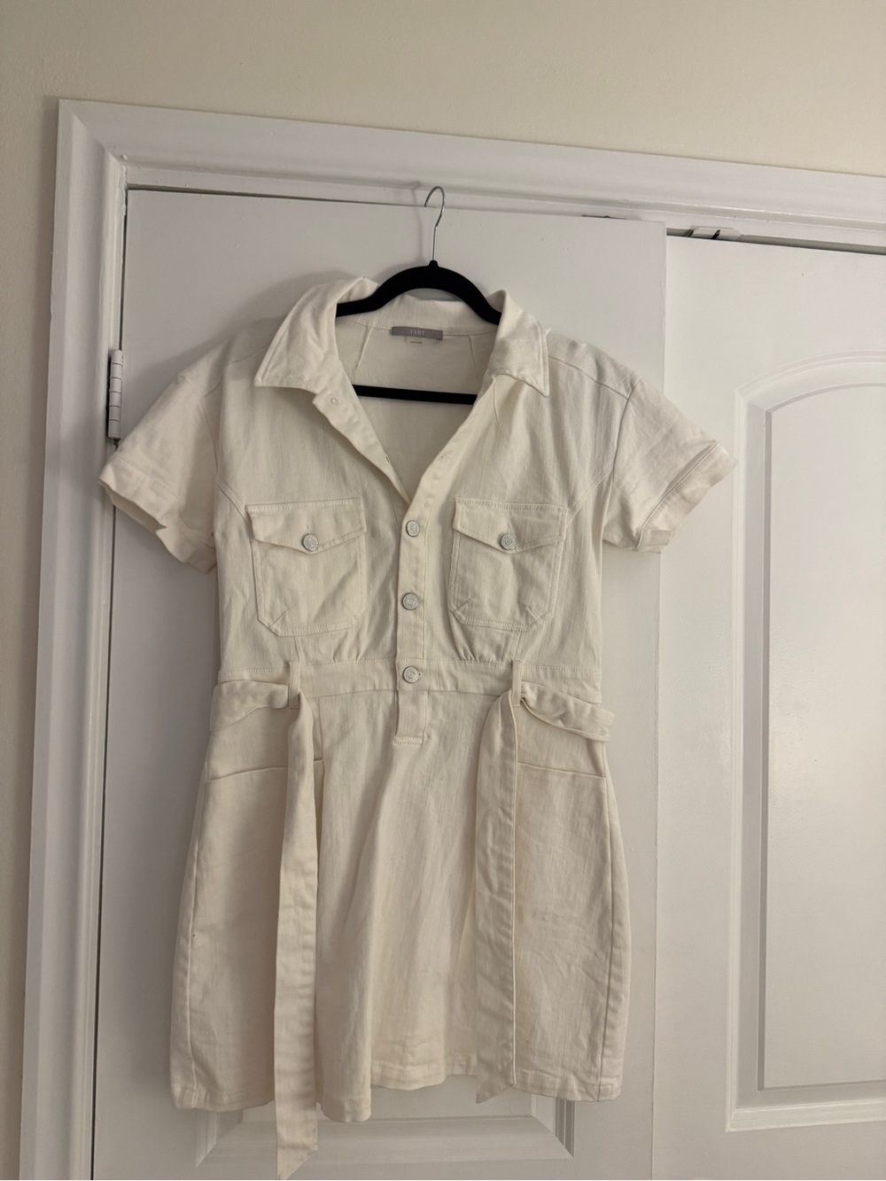 Tart White/Cream Short-Sleeve Button-Front Mini Dress with Waist Tie Small